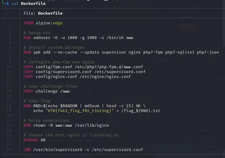 Dockerfile revealing the flag creation and its randomized name
