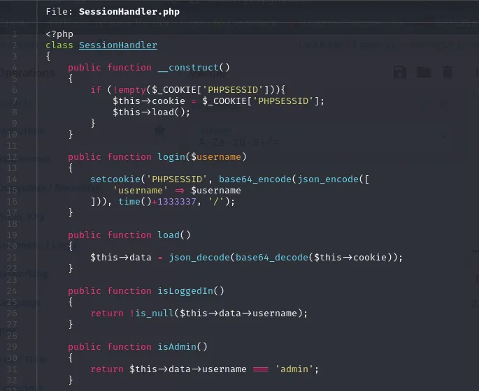 SessionHandler.php showing the Base64-encoded PHPSESSID cookie logic