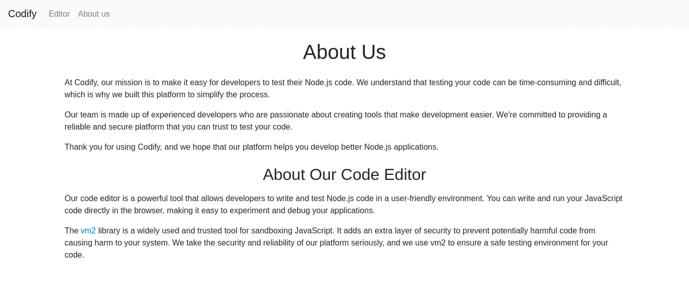 The About Us page revealing the vm2 library