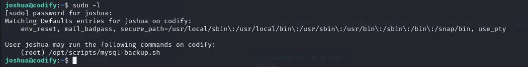 sudo -l showing the mysql-backup.sh script