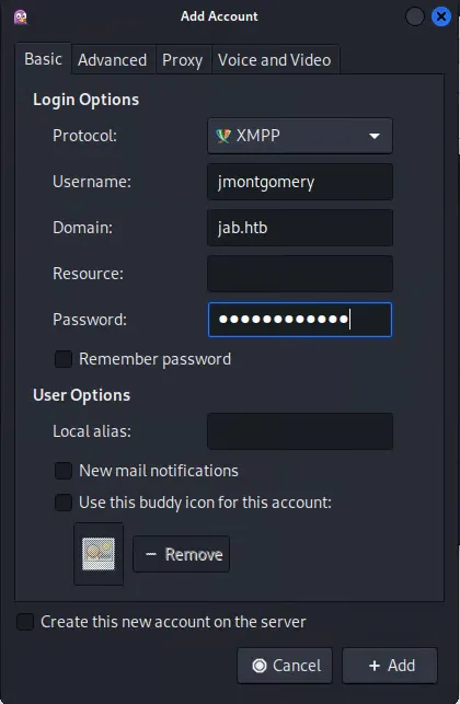Signing in to Openfire with Pidgin