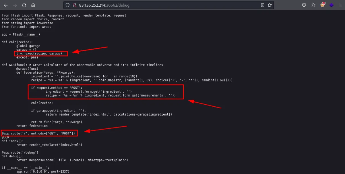 Flask backend code exposed at /debug, highlighting the vulnerable exec() call and the POST handler