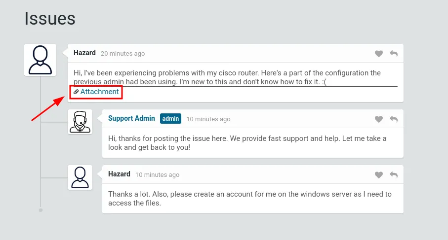 Guest view of the support conversation with a downloadable attachment