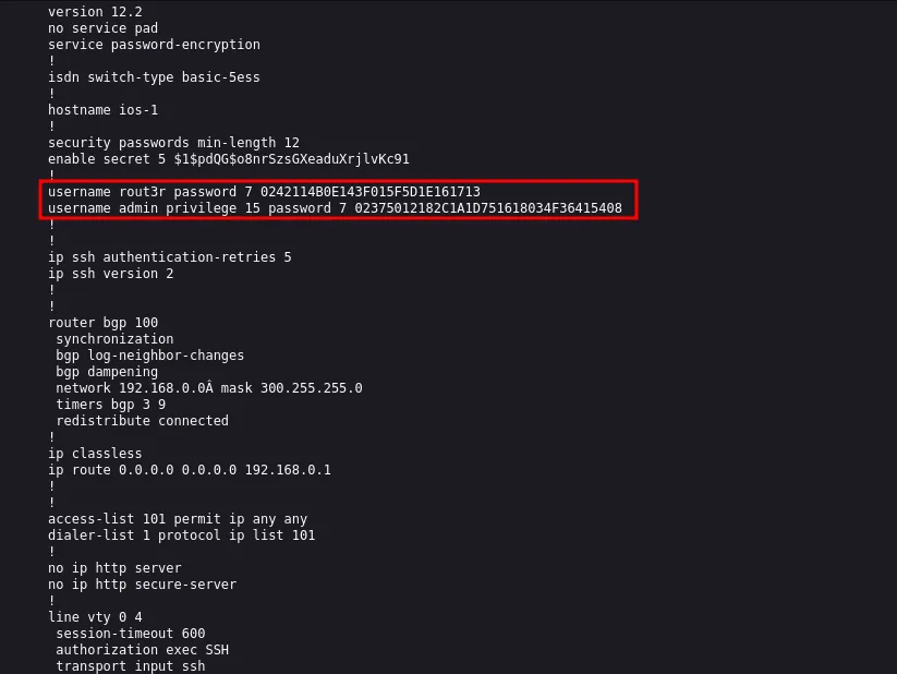 Cisco router configuration file exposing password hashes