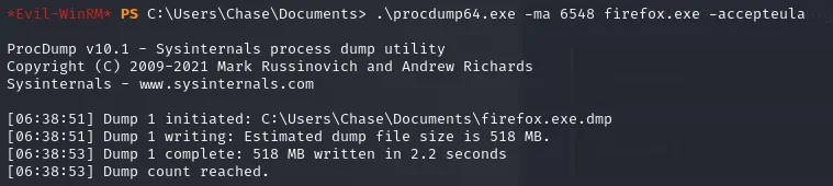 Dumping the Firefox process with Procdump64.exe