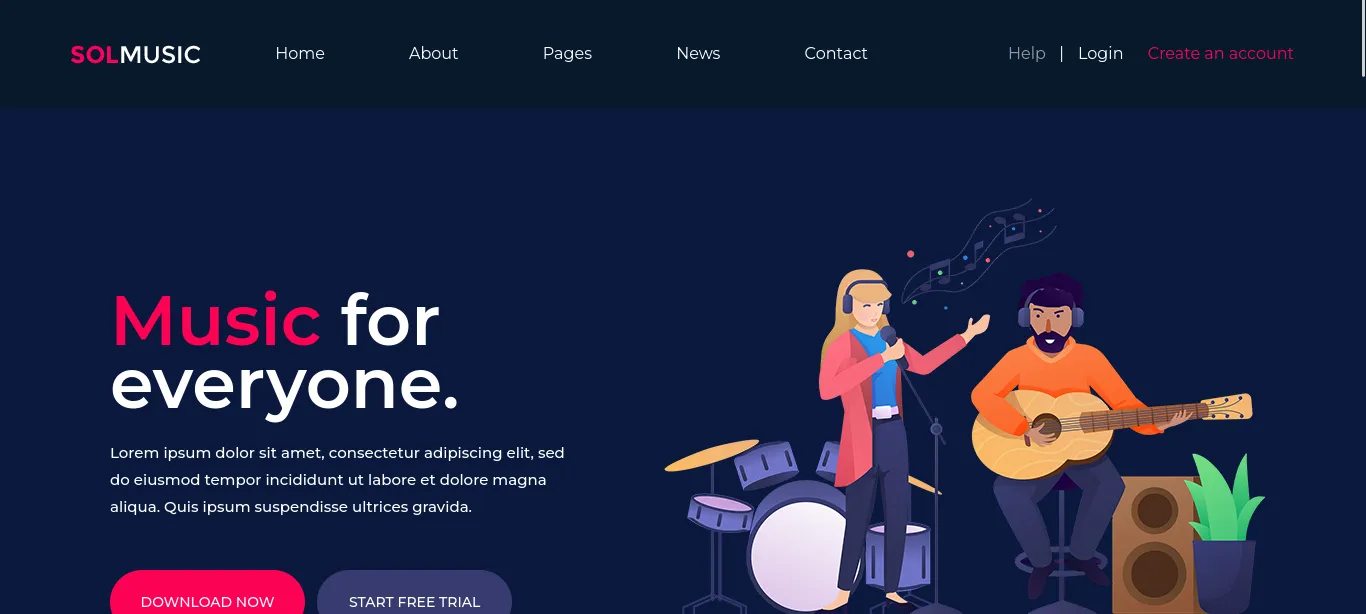 The music web page with a login button