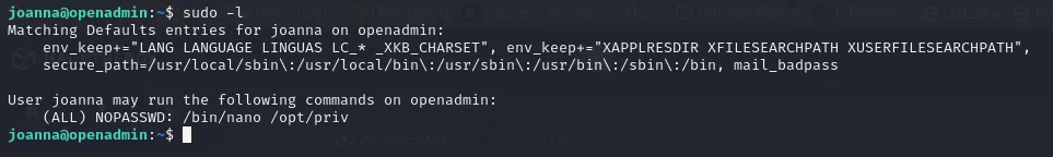 sudo -l showing nano can be run as root